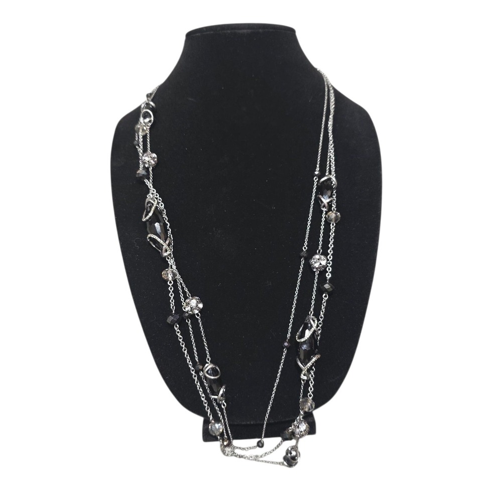 Silver Tone Layered Necklace with Black Beads and Tassel Charm‎